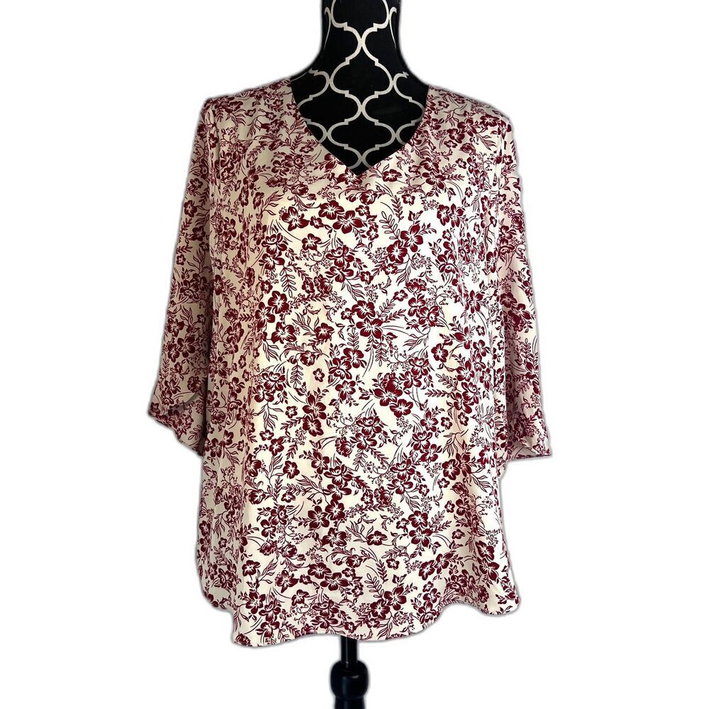 V-Neck Floral Blouse in Cream and Burgundy